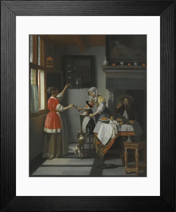Framed Print : Interior with a Child Feeding a Parrot Framed Print : Interior with a Child Feeding a Parrot