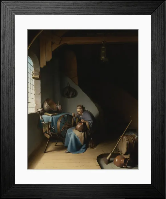 Framed Print : An elderly woman at her spinning wheel, eating porridge Framed Print : An elderly woman at her spinning wheel, eating porridge