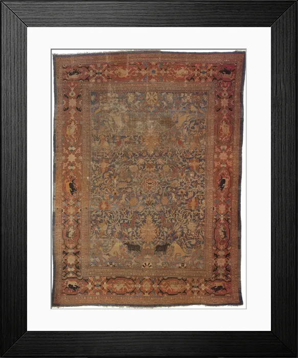 Framed Print : Amida carpet depicting the emblem of Emir: lion attacking bull Framed Print : Amida carpet depicting the emblem of Emir: lion attacking bull