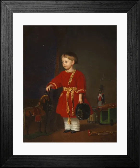 Framed Print : Portrait of a boy in a red dress with military toys Framed Print : Portrait of a boy in a red dress with military toys