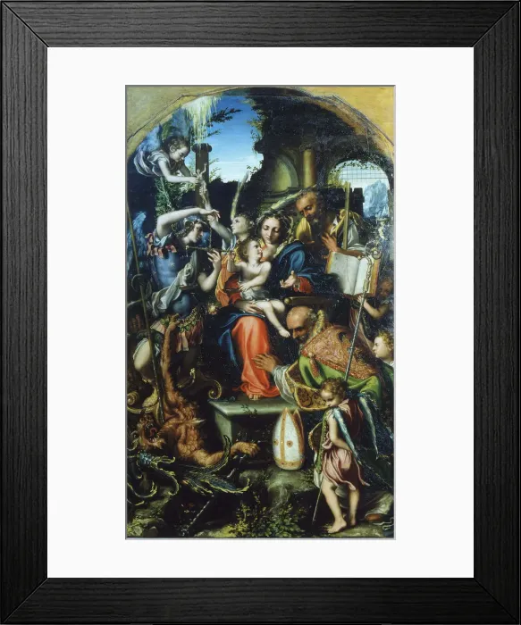 Framed Print : Holy Family with Saint Michael the Archangel and the Devil Contending for Souls, Saint Bernhard and Artist: Gandini del Grano, Giorgio (c. 1500-1538) Framed Print : Holy Family with Saint Michael the Archangel and the Devil Contending for Souls, Saint Bernhard and Artist: Gandini del Grano, Giorgio (c. 1500-1538)