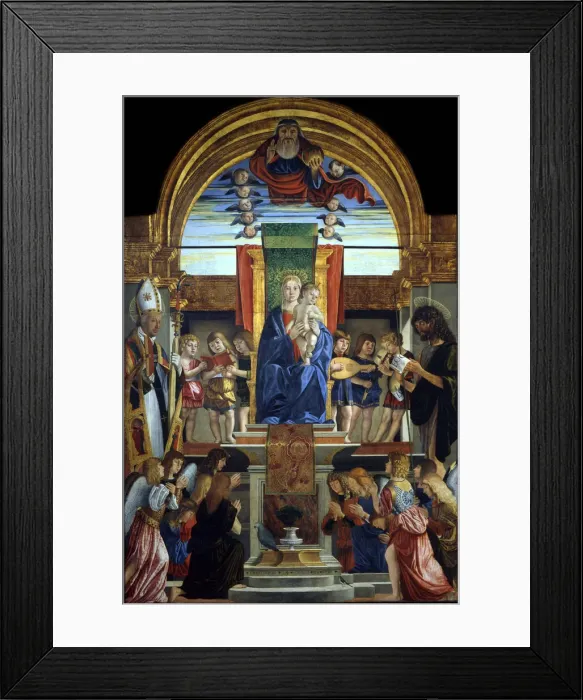 Framed Print : The Virgin and Child Enthroned with God the Father and Saints Hilarius and John the Baptist, 1499. Artist: Caselli, Cristoforo (ca 1460-1521) Framed Print : The Virgin and Child Enthroned with God the Father and Saints Hilarius and John the Baptist, 1499. Artist: Caselli, Cristoforo (ca 1460-1521)