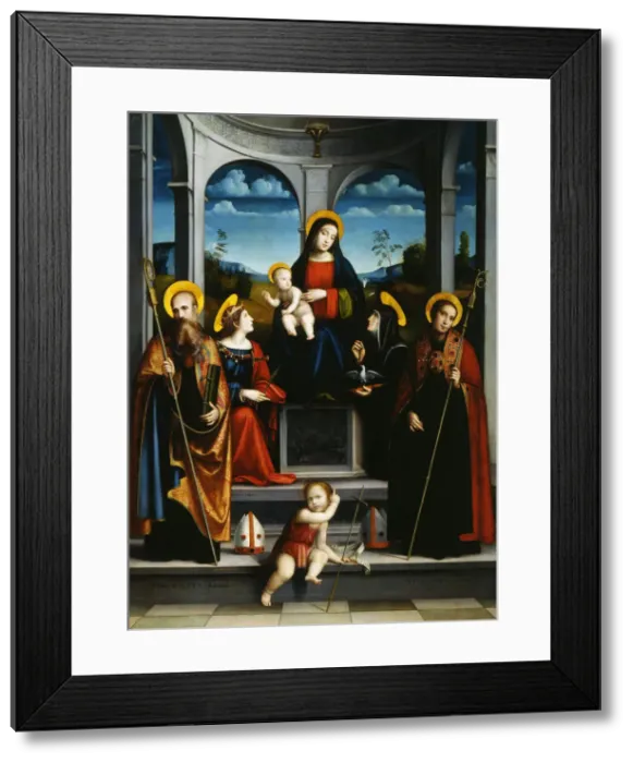 Framed Print : Virgin and Child with Saints Benedict, Justina, Placidus and Scholastica, ca 1515. Artist: Francia, Francesco (1450-1517) Framed Print : Virgin and Child with Saints Benedict, Justina, Placidus and Scholastica, ca 1515. Artist: Francia, Francesco (1450-1517)