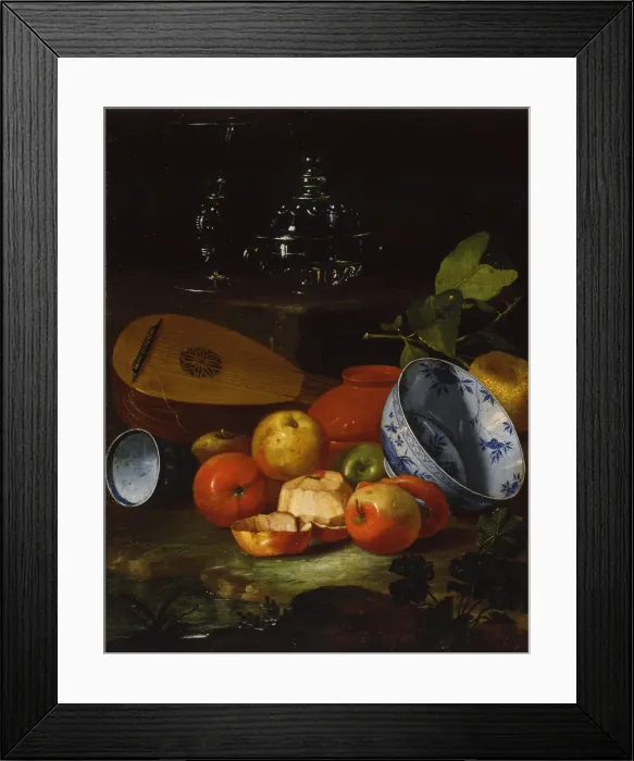 Framed Print : Mandolin, cup and bowl, porcelain, apples, 1706. Artist: Monari (Munari), Cristoforo (1667-1720) Framed Print : Mandolin, cup and bowl, porcelain, apples, 1706. Artist: Monari (Munari), Cristoforo (1667-1720)