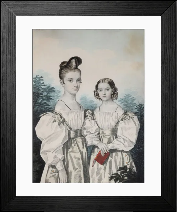 Framed Print : Portrait of Sisters Anna Petrovna (1822-1905) and Elena Petrovna (1824-1860) Ushakov, 1830s. Artist: Hampeln, Carl, von (1794-after 1880) Framed Print : Portrait of Sisters Anna Petrovna (1822-1905) and Elena Petrovna (1824-1860) Ushakov, 1830s. Artist: Hampeln, Carl, von (1794-after 1880)