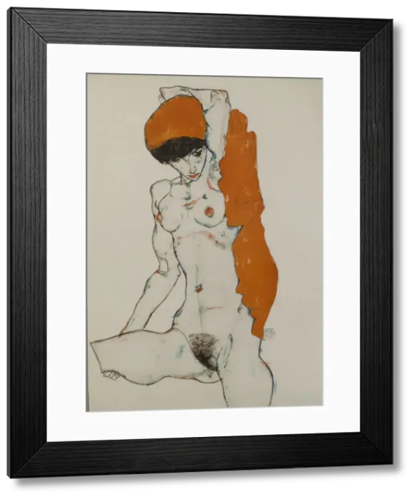Framed Print : Female nude with orange-red cloth, 1914. Artist: Schiele, Egon (1890-1918) Framed Print : Female nude with orange-red cloth, 1914. Artist: Schiele, Egon (1890-1918)