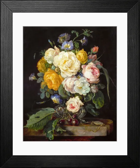 Framed Print : Still life with peonies, cherries and a pocket watch Framed Print : Still life with peonies, cherries and a pocket watch