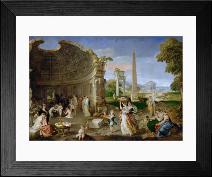 Framed Print : Landscape with antique ruins and bathing women Framed Print : Landscape with antique ruins and bathing women