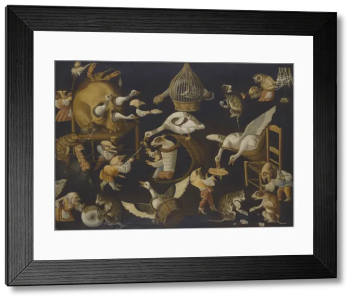 Framed Print : A Grotesque Scene With Animals Playing And a Dog Wrapped In Swaddling Clothes, Second Half of the 17