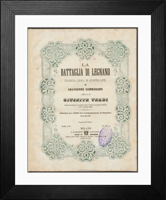 Framed Print : Cover of the vocal score of opera La battaglia di Legnano by Giuseppe Verdi, 1860 Framed Print : Cover of the vocal score of opera La battaglia di Legnano by Giuseppe Verdi, 1860