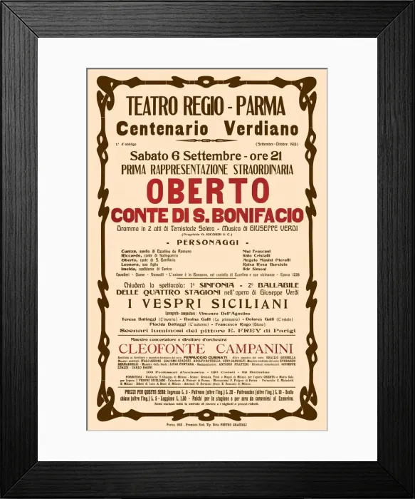 Framed Print : Poster for the opera Oberto conte di San Bonifacio by Giuseppe Verdi in Teatro Regio di Parma, 1913 Framed Print : Poster for the opera Oberto conte di San Bonifacio by Giuseppe Verdi in Teatro Regio di Parma, 1913