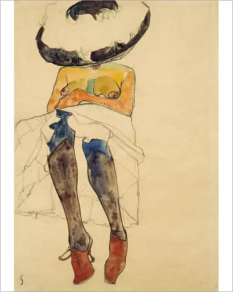 Seated semi-nude with hat and purple stockings, 1910