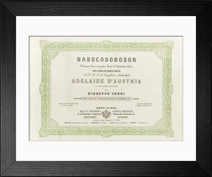 Framed Print : Cover of the score of the opera Nabucco by Giuseppe Verdi, 1842 Framed Print : Cover of the score of the opera Nabucco by Giuseppe Verdi, 1842