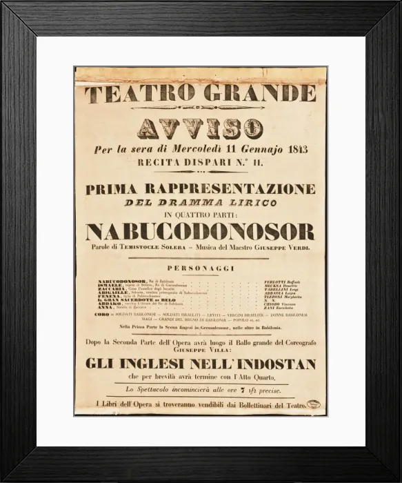 Framed Print : Poster for the opera Nabucco by Giuseppe Verdi in Teatro Grande on 11 January 1843, 1843 Framed Print : Poster for the opera Nabucco by Giuseppe Verdi in Teatro Grande on 11 January 1843, 1843