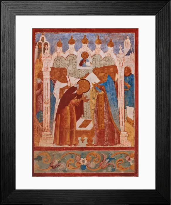 Framed Print : Monastic consecration of Saint Abraham of Rostov. Fresco of the Church of Saint John The Apostle in