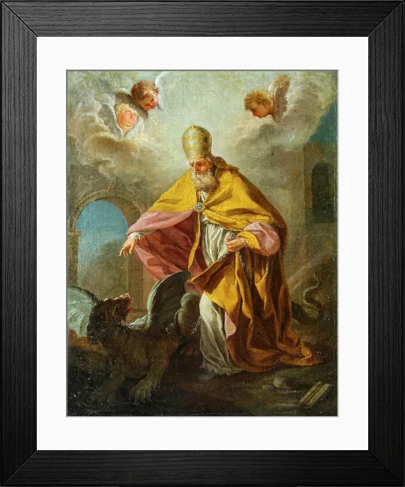 Framed Print : Pope Sylvester I slaying a dragon, 18th century Framed Print : Pope Sylvester I slaying a dragon, 18th century