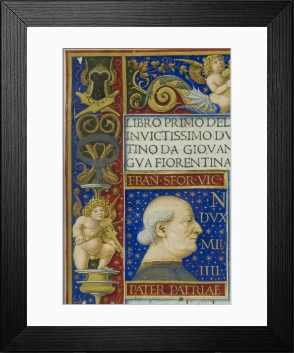 Framed Print : A leaf from the La Sforziada with the portrait of Francesco Sforza in the initial space, 1479 Framed Print : A leaf from the La Sforziada with the portrait of Francesco Sforza in the initial space, 1479