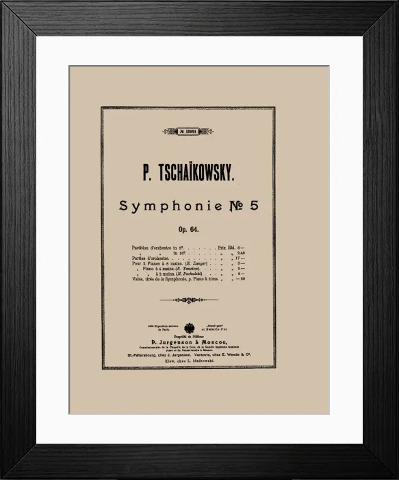 Framed Print : Cover of the score of the Symphony No. 5 in E minor, Op. 64 by Pyotr Tchaikovsky, 1888 Framed Print : Cover of the score of the Symphony No. 5 in E minor, Op. 64 by Pyotr Tchaikovsky, 1888