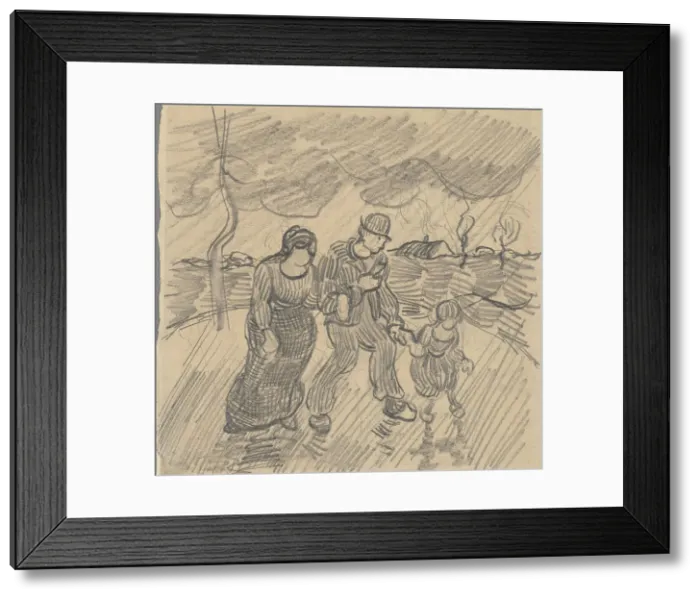 Framed Print : Strolling couple with child on a road in the rain, 1890 Framed Print : Strolling couple with child on a road in the rain, 1890