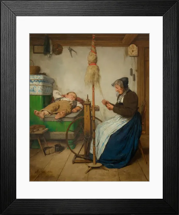 Framed Print : Grandmother at a spinning wheel and a sleeping boy on an oven bench, 1883 Framed Print : Grandmother at a spinning wheel and a sleeping boy on an oven bench, 1883