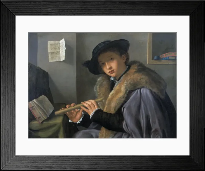 Framed Print : Portrait of a man with flute, c. 1525 Framed Print : Portrait of a man with flute, c. 1525