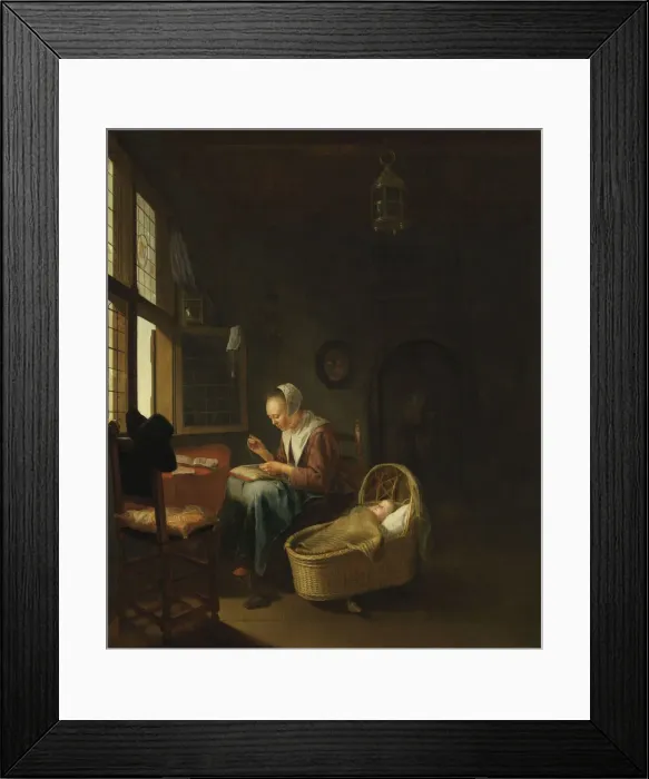 Framed Print : A mother sewing with her child, c. 1670 Framed Print : A mother sewing with her child, c. 1670