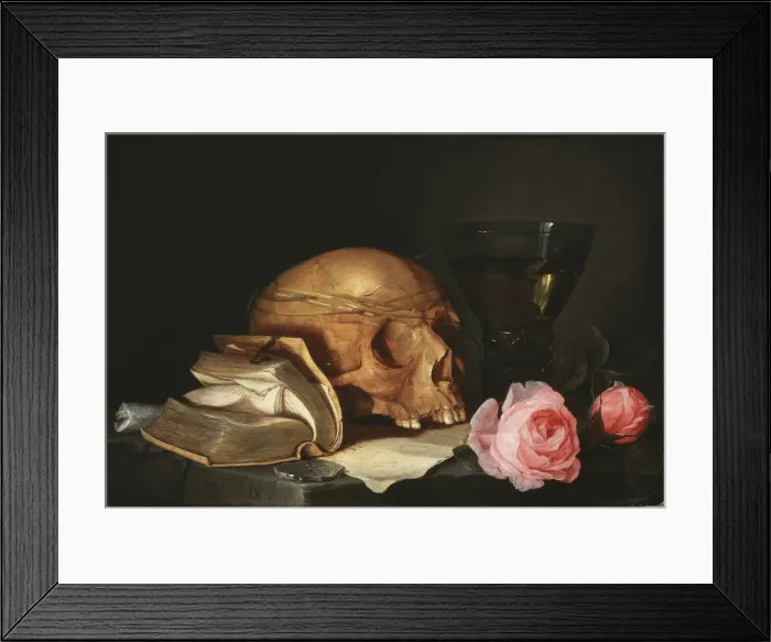 Framed Print : Vanitas Still Life with a Skull, a Book and Roses, c. 1630 Framed Print : Vanitas Still Life with a Skull, a Book and Roses, c. 1630