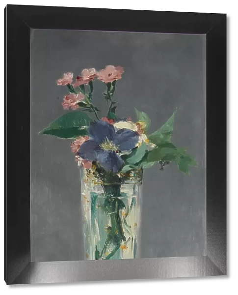 Carnations and clematis in a crystal vase, c. 1882