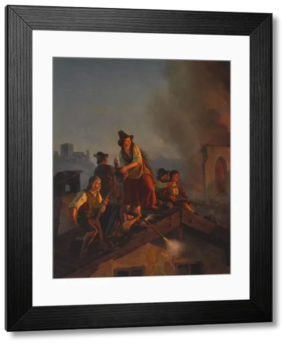 Framed Print : A Tyrolean peasant family defends their house against attacking soldiers. (Scene from the 1809 Tyrol Framed Print : A Tyrolean peasant family defends their house against attacking soldiers. (Scene from the 1809 Tyrol