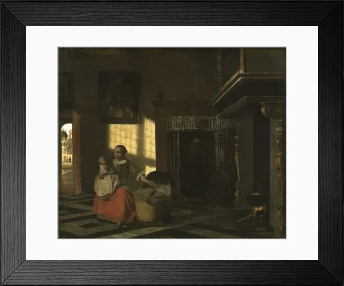 Framed Print : Interior with a Mother close to a Cradle, ca 1665 Framed Print : Interior with a Mother close to a Cradle, ca 1665