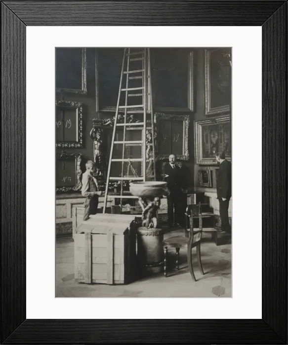 Framed Print : Preparing paintings for evacuation from one of the Italian halls at the Hermitage, 1917 Framed Print : Preparing paintings for evacuation from one of the Italian halls at the Hermitage, 1917