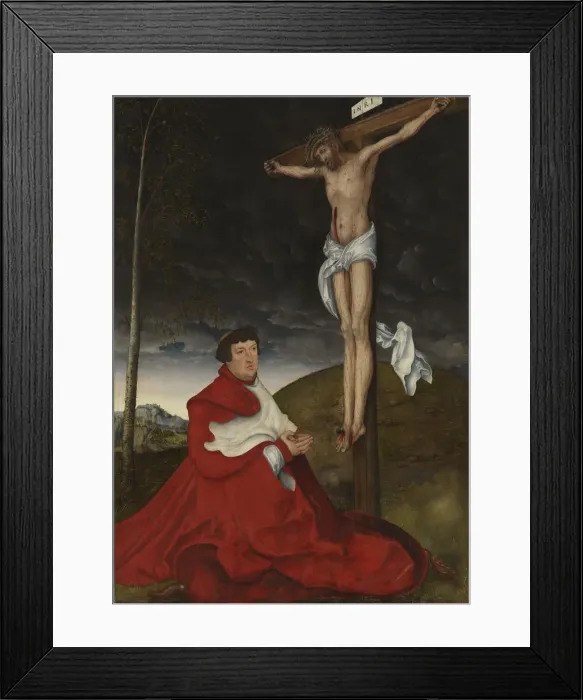 Framed Print : Cardinal Albrecht of Brandenburg kneeling before Christ on the cross, ca 1521-1525 Framed Print : Cardinal Albrecht of Brandenburg kneeling before Christ on the cross, ca 1521-1525