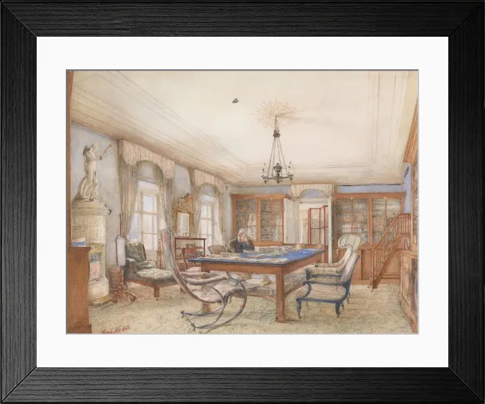 Framed Print : Biedermeier interior with a man sitting at a table, 1846 Framed Print : Biedermeier interior with a man sitting at a table, 1846
