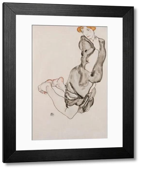 Framed Print : Kneeling Woman with a Gray Cape (Wally Neuzil), 1912 Framed Print : Kneeling Woman with a Gray Cape (Wally Neuzil), 1912