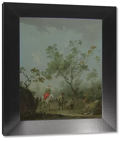 Forest landscape with a lady on horseback, a falconer and a huntsman