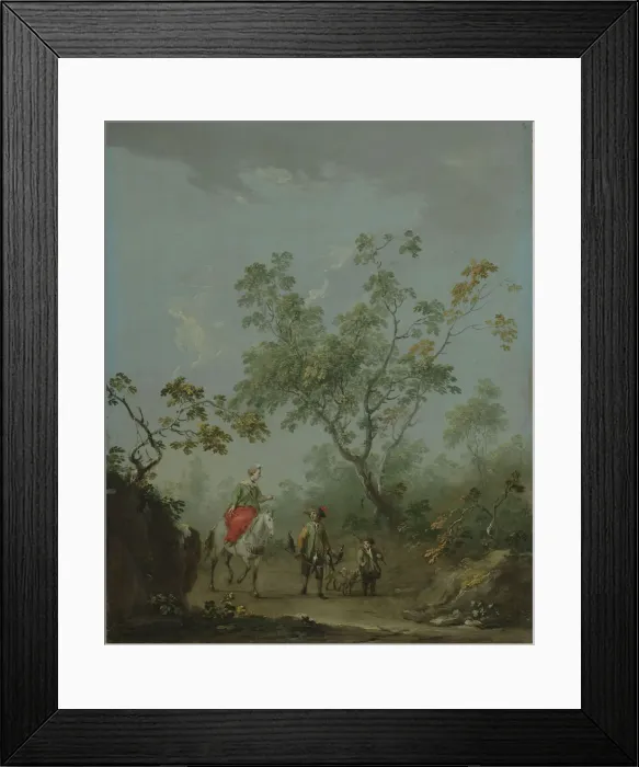 Framed Print : Forest landscape with a lady on horseback, a falconer and a huntsman