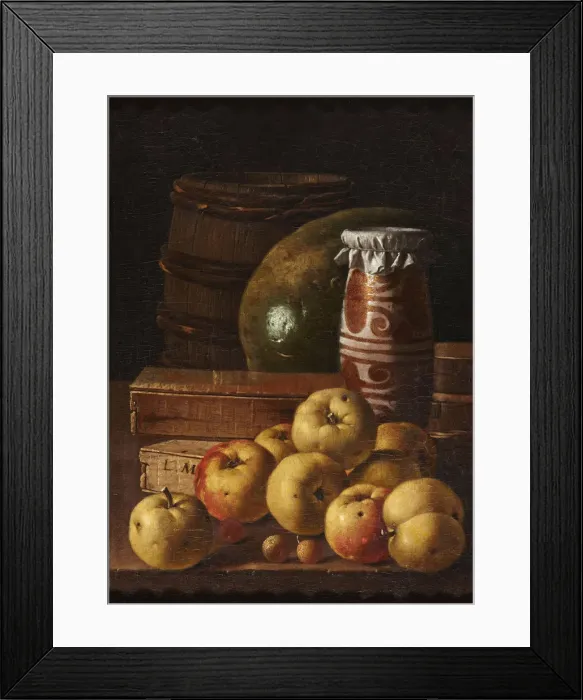 Framed Print : Still life with apples, strawberries, watermelon, box of sweets, jar of honey and barrel, Mid of Framed Print : Still life with apples, strawberries, watermelon, box of sweets, jar of honey and barrel, Mid of