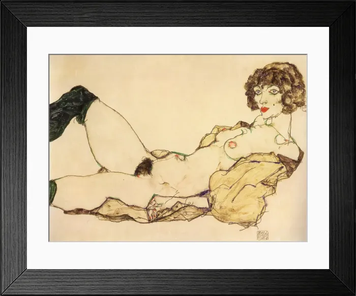 Framed Print : Lying nude with green stockings, 1917 Framed Print : Lying nude with green stockings, 1917