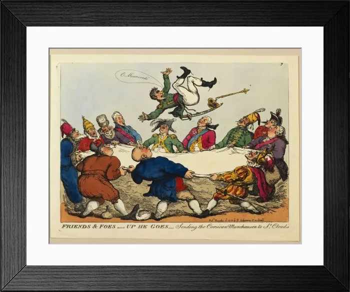 Framed Print : Friends and foes, up he goes: Sending the Corsican Munchausen to Saint Clouds, 1813 Framed Print : Friends and foes, up he goes: Sending the Corsican Munchausen to Saint Clouds, 1813