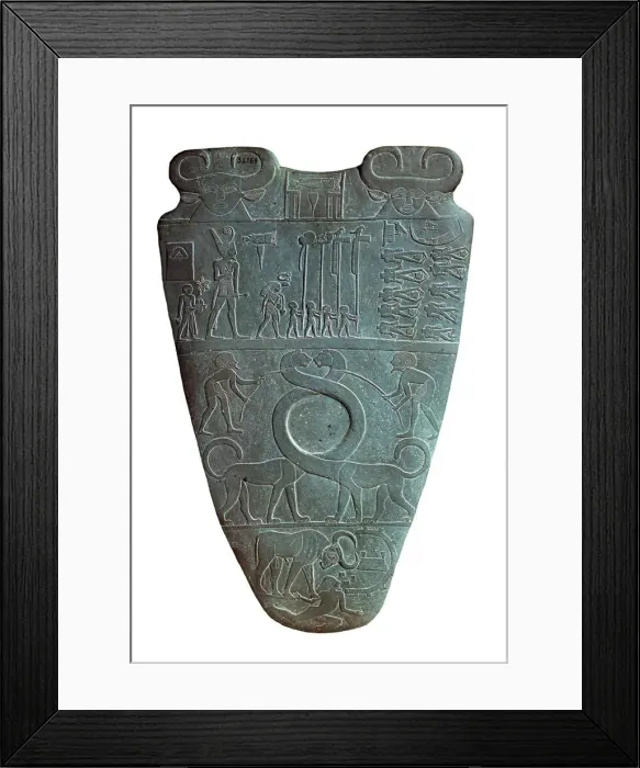 Framed Print : The Narmer Palette (recto), ca 31st century BC Framed Print : The Narmer Palette (recto), ca 31st century BC