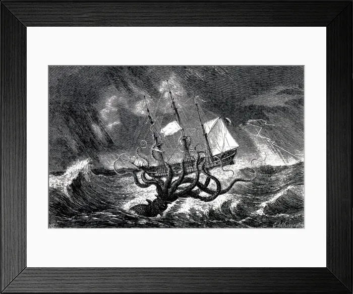 Framed Print : Kraken Attacking a Sailing Vessel During a Storm, 1870 Framed Print : Kraken Attacking a Sailing Vessel During a Storm, 1870