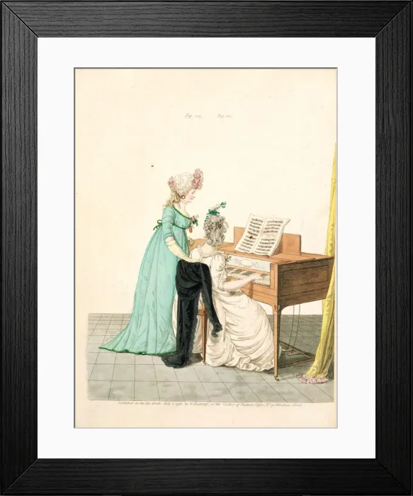 Framed Print : Ladies at the piano, from the Gallery of Fashion, 1796 Framed Print : Ladies at the piano, from the Gallery of Fashion, 1796