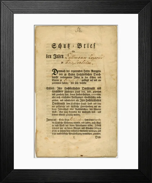 Framed Print : Letter of Protection for Callmann Lazarus from Friesenheim in Baden, 1777 Framed Print : Letter of Protection for Callmann Lazarus from Friesenheim in Baden, 1777