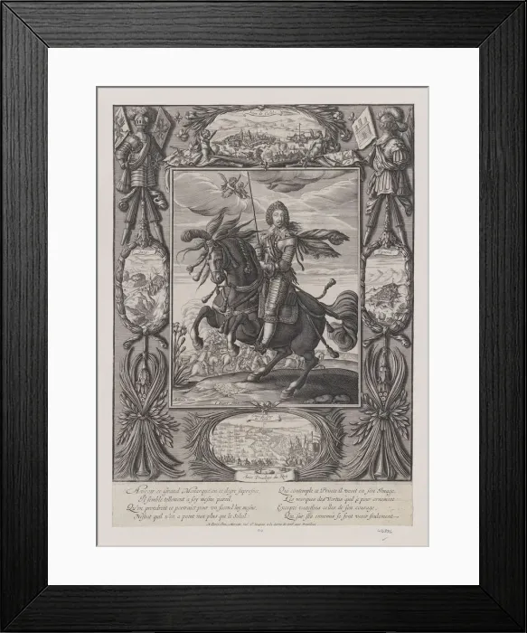 Framed Print : Louis XIII on horseback with views of besieged towns and fortresses, c. 1630 Framed Print : Louis XIII on horseback with views of besieged towns and fortresses, c. 1630