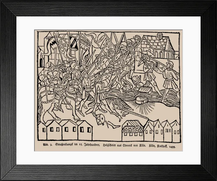 Framed Print : Street fighting in the 15th century. From the Cologne Chronicle by Johann Koelhoff, 1499 Framed Print : Street fighting in the 15th century. From the Cologne Chronicle by Johann Koelhoff, 1499