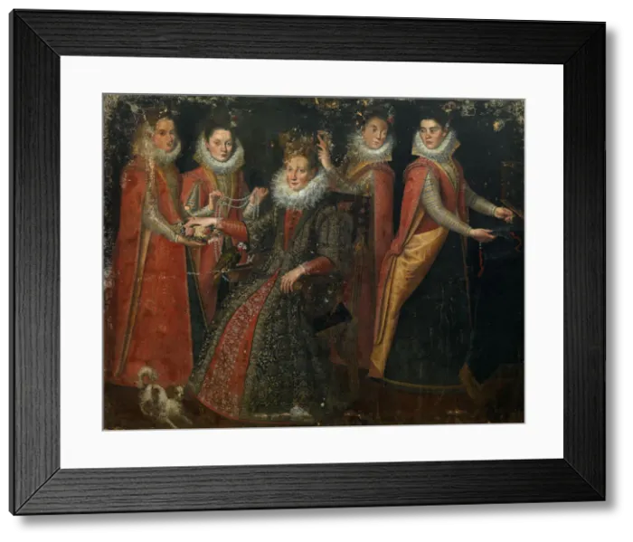 Framed Print : Portrait of five women with a dog and parrot Framed Print : Portrait of five women with a dog and parrot