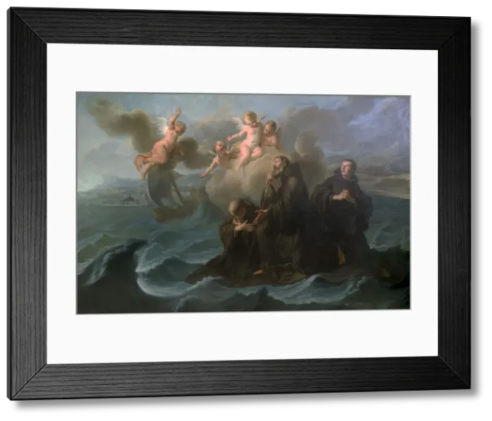 Framed Print : Saint Francis of Paola and his companions cross the strait to Messina on his cloak, 1723 Framed Print : Saint Francis of Paola and his companions cross the strait to Messina on his cloak, 1723