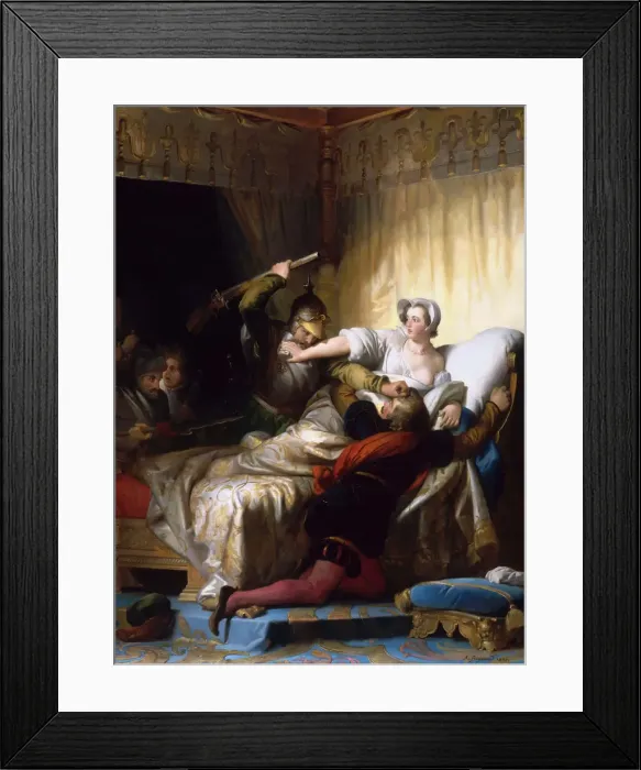 Framed Print : Scene in the bedroom of Marguerite de Valois during the St. Bartholomews Day massacre, 1836 Framed Print : Scene in the bedroom of Marguerite de Valois during the St. Bartholomews Day massacre, 1836