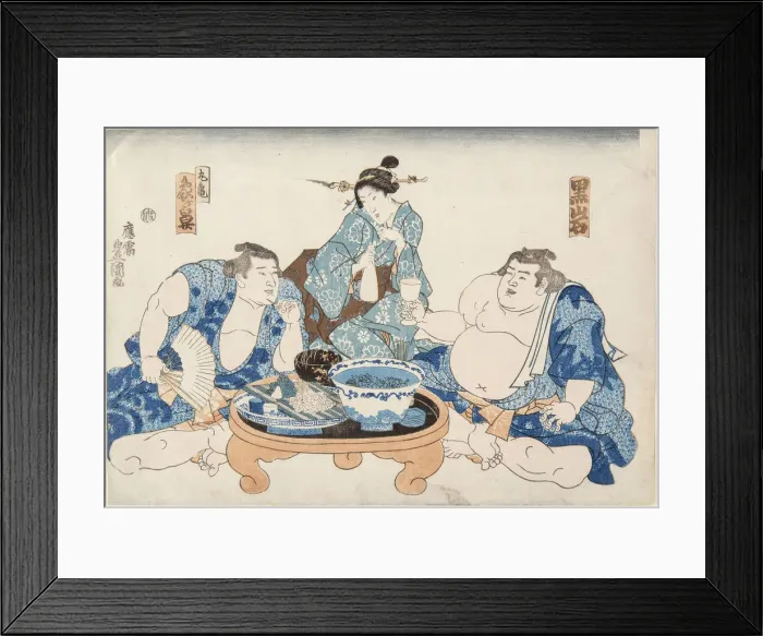 Framed Print : Sumo Wrestlers Kuroiwa and Zogahana with a geisha, ca 1845 Framed Print : Sumo Wrestlers Kuroiwa and Zogahana with a geisha, ca 1845