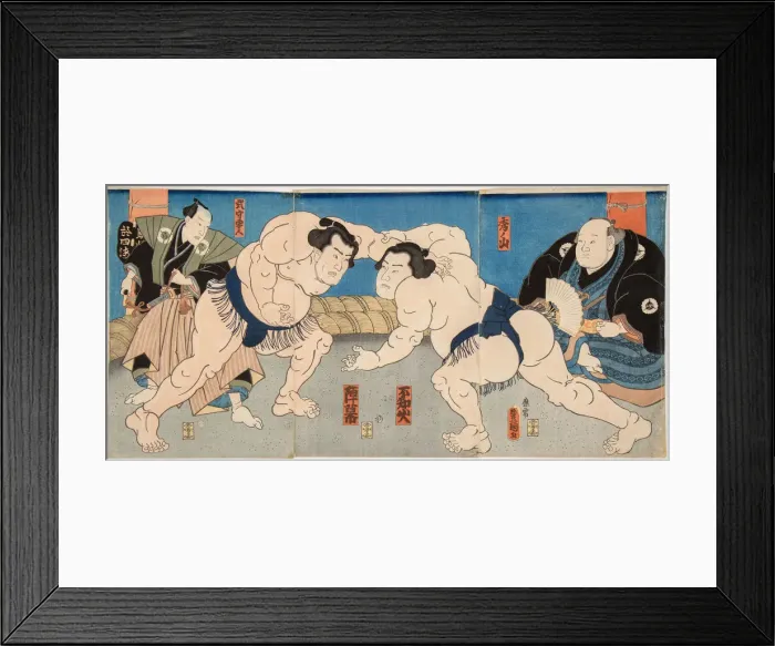 Framed Print : Wrestling match Shiranui vs Jimmaku, 1860s Framed Print : Wrestling match Shiranui vs Jimmaku, 1860s